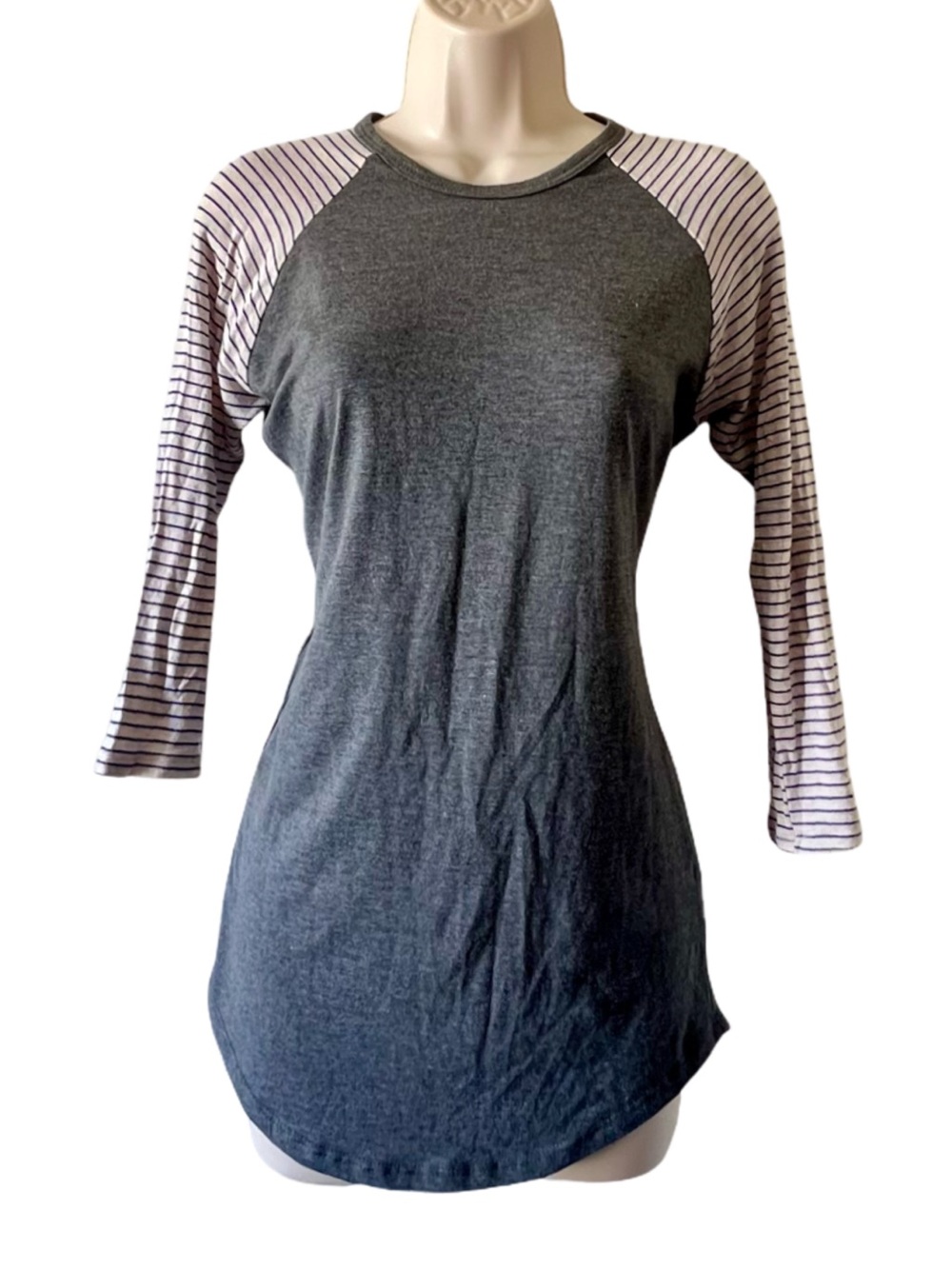LuLaRoe Charcoal Body Raglan Top with White and Black Striped Sleeves